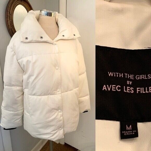 Avec Les Filles women’s White coat Faux vegan Leather Puffer Sz M Preppy trendy - Picture 11 of 12
